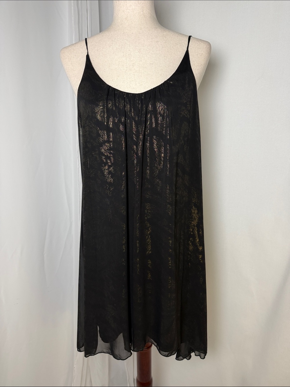 En Crème Black Gold Metallic Abstract Shimmer Babydoll Slip Mini Dress L
